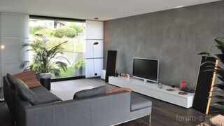 Wohnzimmer Sofa TV Möbel farbige Wand Holzboden